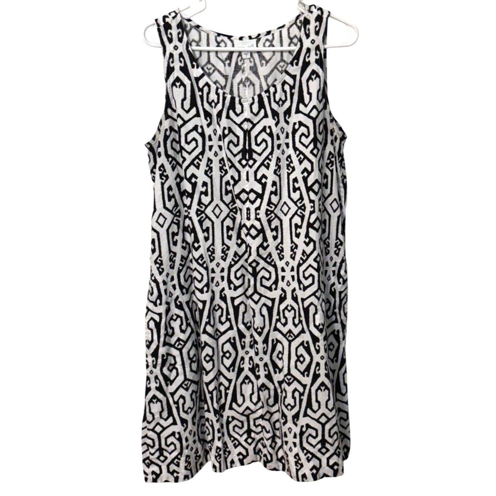 J. Jill Love Linen 100% Linen Sleeveless Shift Dress Black Ivory Ikat Print M